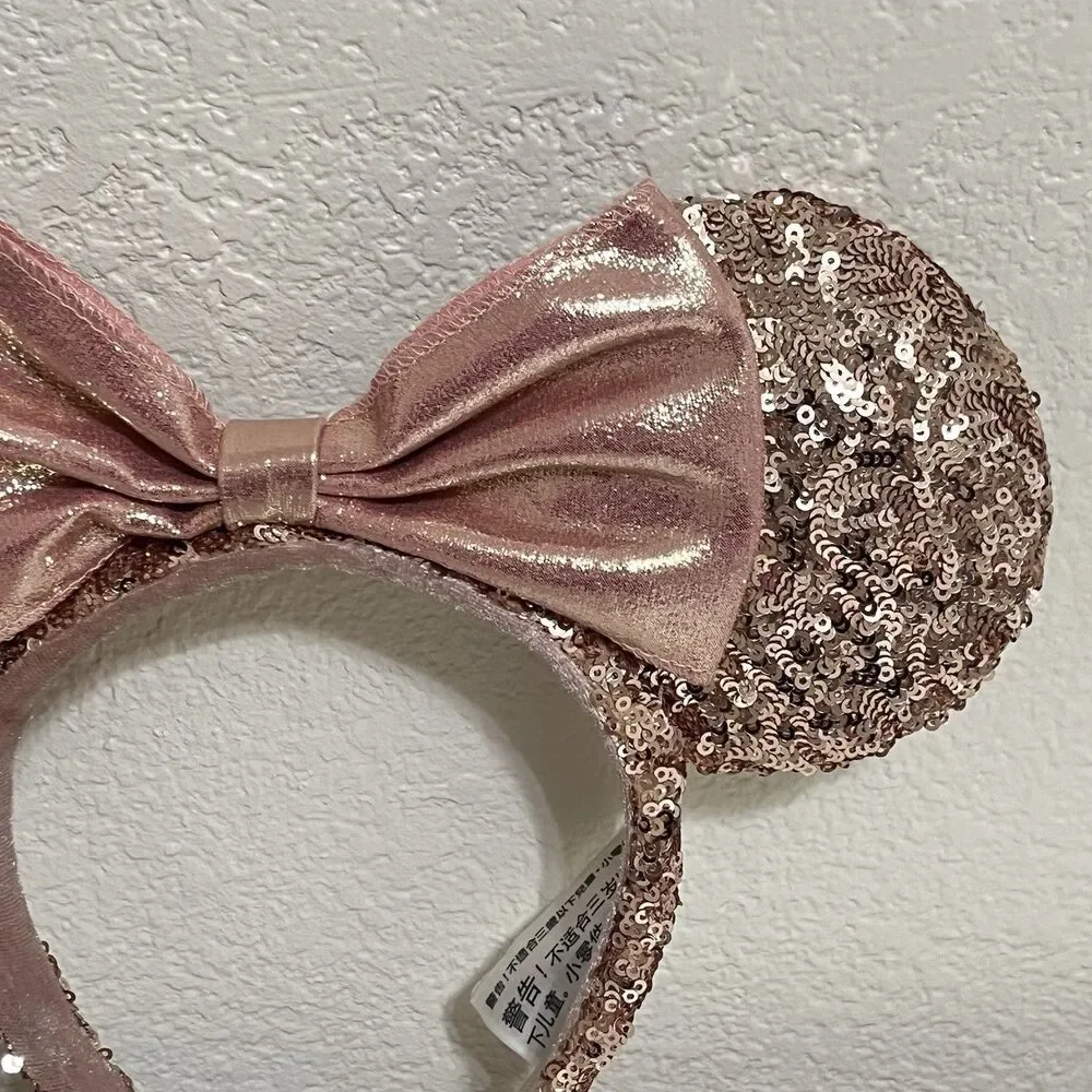 Disney Parks Minnie Mouse Ears Rose Gold Champagne Bow Sequin Headband
